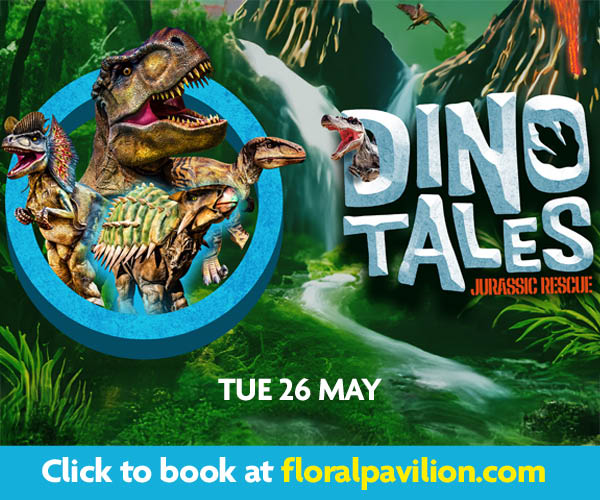Dinosaurs with in a prehistoc jungle with an erupting volcano in the background. Dino Tales Jurassic Rescue, Tuesday 26 May at the Floral Pavilion, New Brighton. Book now at floralpavilion.com.